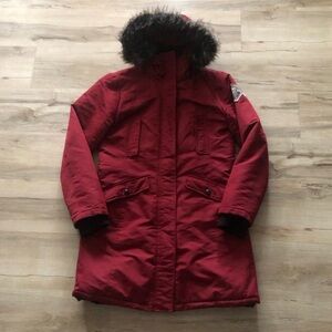 Women's Burgundy Ski Jacket with Faux Fur Hood